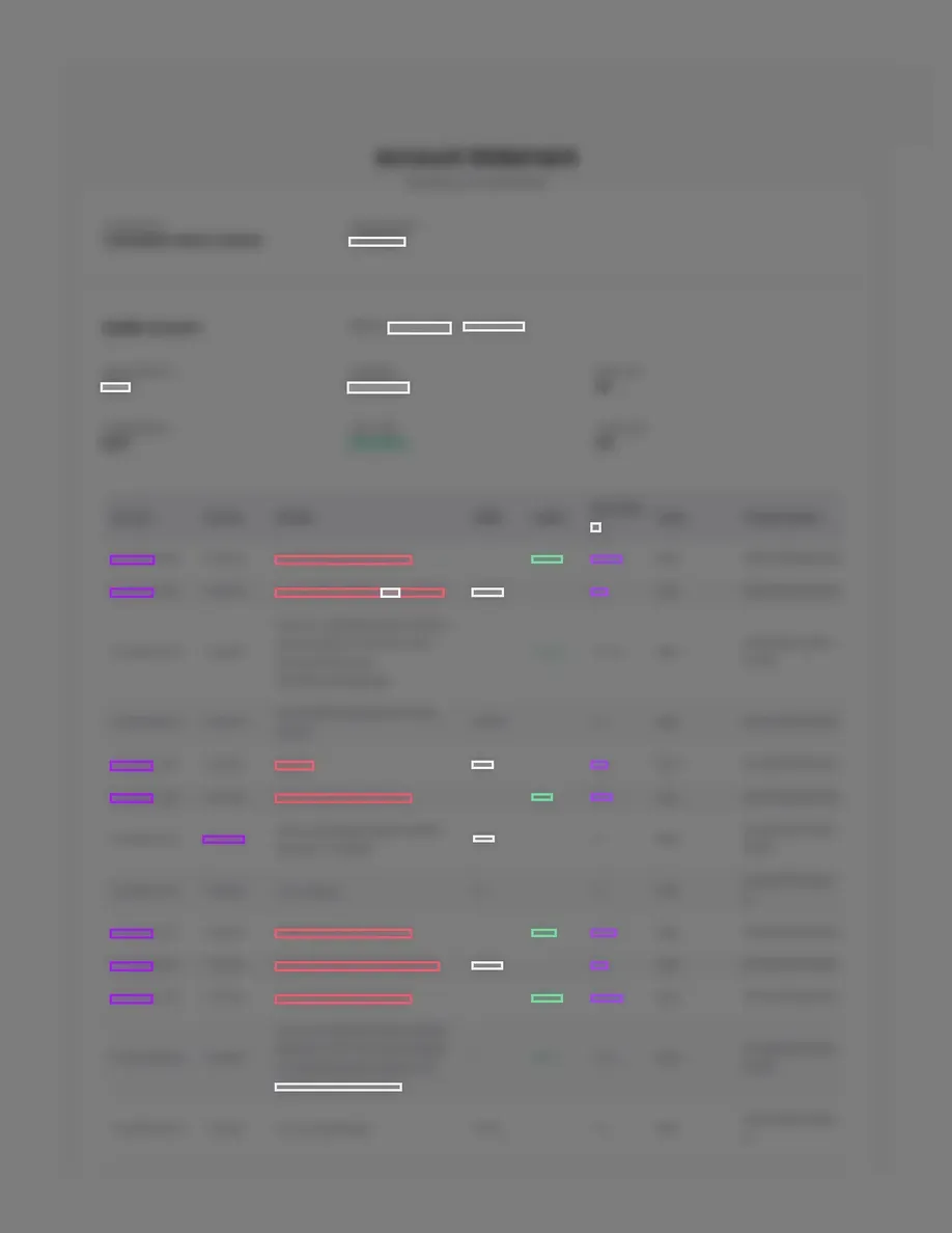 Page 1 of a fintech wallet statement, blurred so no word can be read, with coloured boxes over the dates, descriptions and amounts Takarda found.
