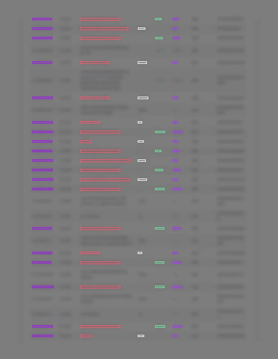 Page 22 of the same wallet statement, blurred so no word can be read, with a coloured box over most rows' date, description and amount.