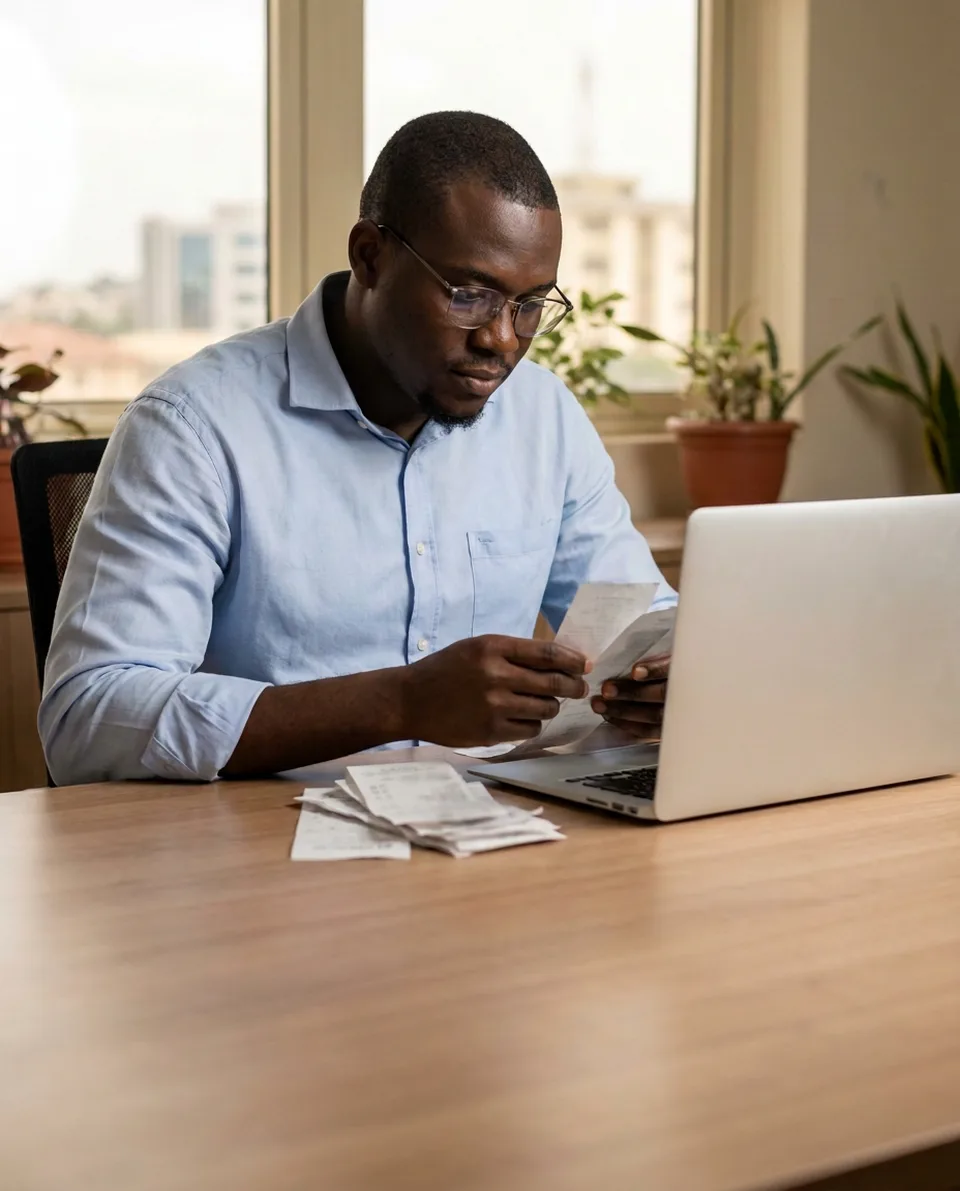 An accountant sorting receipts and invoices beside a laptop in a bright office